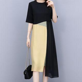 Elbow-sleeve Color Block Midi Dress