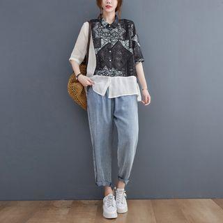 Short-sleeve Asymmetrical Panel Printed Shirt