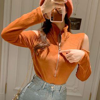 Long-sleeve Cold-shoulder Stand Collar Velvet T-shirt