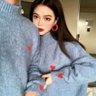 Mock Neck Heart Embroidered Sweater / Long-sleeve Midi Knit Dress