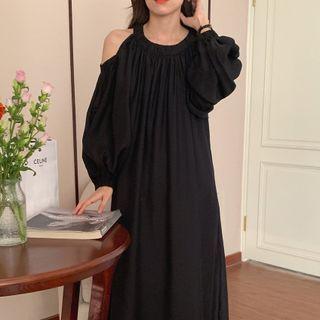 Long-sleeve Cutaway-shoulder A-line Dress