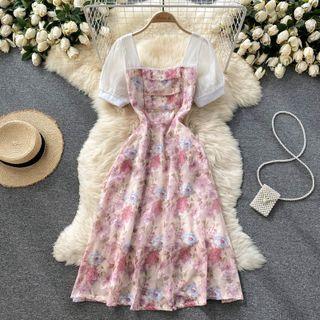 Square-neck Mesh Short-sleeve Panel Floral Dress