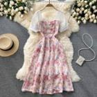 Square-neck Mesh Short-sleeve Panel Floral Dress