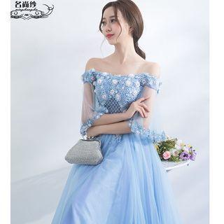 Off-shoulder Flower Applique Elbow-sleeve Evening Gown