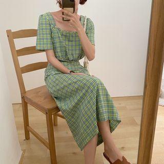 Short-sleeve Square Neck Plaid Top + High-waist Plaid Skirt
