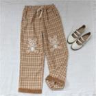 Bear Embroidered Plaid Straight-cut Pants Khaki - One Size