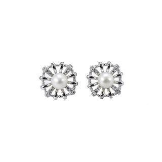 Sterling Silver Fashion Simple Hollow Geometric White Freshwater Pearl Stud Earrings With Cubic Zirconia Silver - One Size