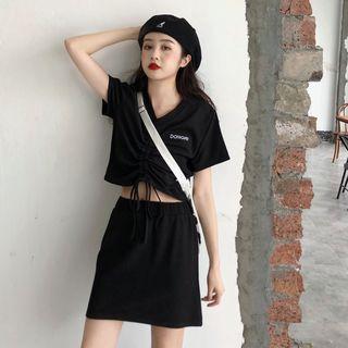 Drawstring V-neck Short-sleeve Top + High Waist Skirt