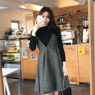Set: Crew-neck Knit Top + Pinafore A-line Dress Black - One Size