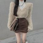 Fluffy Cropped Cardigan / Mock-neck Top / Shirred Mini Pencil Skirt