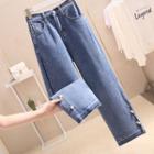 High-waist Pearl Button Wide-leg Cropped Jeans