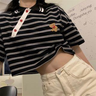 Short-sleeve Embroidered Striped Polo Collar Top Black - One Size