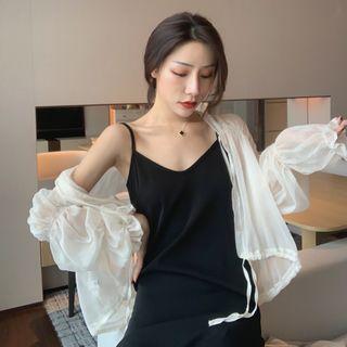 Spaghetti Strap Midi Slit Dress / Lantern-sleeve Light Jacket
