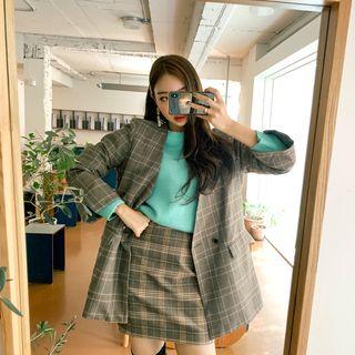 Collarless Loose-fit Glen-plaid Blazer