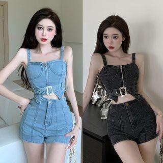 Set: Zip-up Crop Denim Camisole Top + Denim Shorts