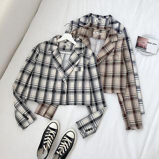 Double-button Plaid Cropped Blazer