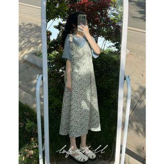 Short-sleeve T-shirt / Spaghetti Strap Floral Midi A-line Dress / Set