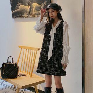 Long-sleeve Tie-neck Blouse / Tweed Mini Pinafore Dress