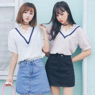 Crochet Lace Panel Short-sleeve Blouse / A-line Skirt