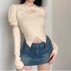 Set: Puff-sleeve Keyhole T-shirt + Arm Sleeves