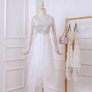 Sequined Long-sleeve Midi Party Dress