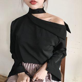 One-shoulder Halter Long-sleeve Chiffon Blouse