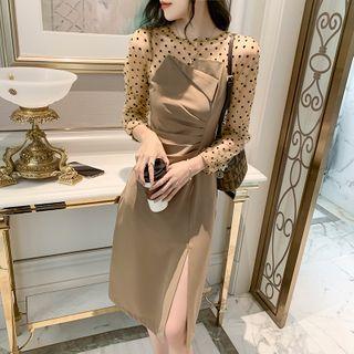Long-sleeve Mock Two-piece Dotted Sheath Dress