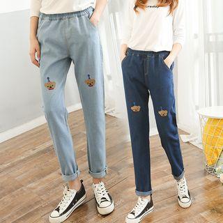 Bear Embroidered Straight-cut Jeans