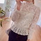 Mock-neck Smocked-waist Laced Top