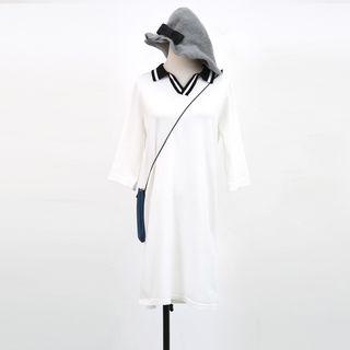 Contrast-collar Elbow-sleeve Knit Dress