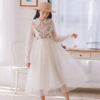 Set: Long-sleeve Top + Spaghetti Strap Embroidered A-line Midi Dress