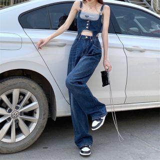 Cutout Wide Leg Denim Dungaree