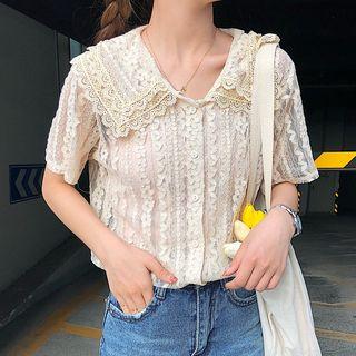 Set: Short-sleeve Lace Shirt + Camisole