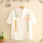 Cat Embroidered Color-block Pocket Short-sleeve Shirt White - One Size