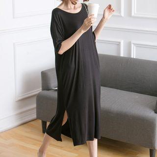 Elbow-sleeve Slit-side Midi T-shirt Dress