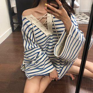 Striped Lace-up Pullover Blue - One Size