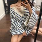 Striped Lace-up Pullover Blue - One Size