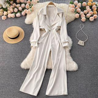 Set Of 2 : Cropped Long-sleeve Trench Jacket + Suspender Jumpsuit