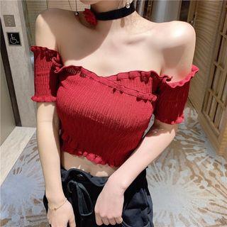 Off-shoulder Shirred Crop Top / Drawstring Waist Ripped Pants