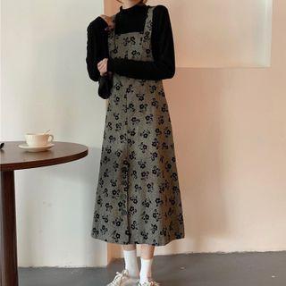 Floral Midi A-line Overall Dress Black Gray - One Size