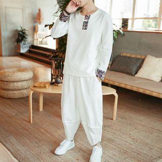 Set: Long-sleeve Printed Panel T-shirt + Harem Pants