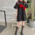 Ribbon-accent Loose Mini Dress Black - One Size