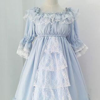 Elbow-sleeve Cold Shoulder Lace Trim A-line Dress Light Blue - One Size