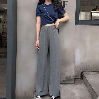 Short-sleeve Drawstring Top / Knit Wide Leg Pants