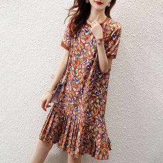 Short-sleeve Print Pleated A-line Dress