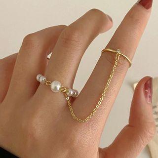 Faux Pearl Chained Alloy Double Ring