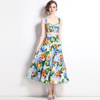 Set: Floral Print Crop Camisole Top + Midi A-line Skirt