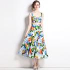 Set: Floral Print Crop Camisole Top + Midi A-line Skirt