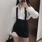 Tie-neck Shirt / Mini Pencil Skirt With Suspender