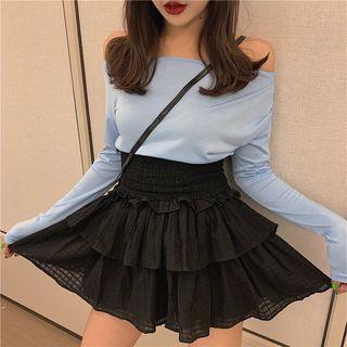 Long-sleeve Off-shoulder Plain Tee / High-waist Ruffled Pleated Layered Skirt